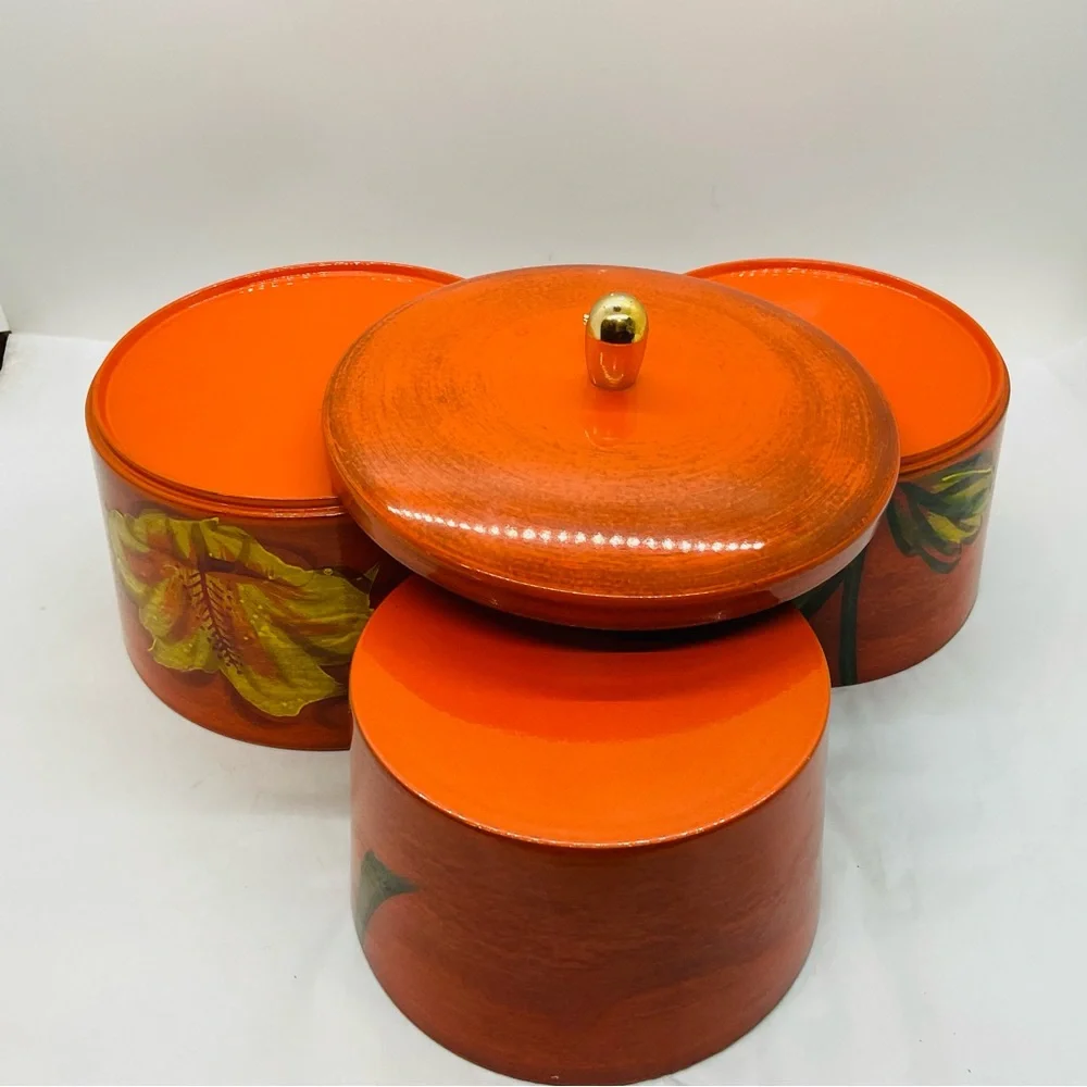 VTG Orange Lacquer Ware Stacking Nesting Set 3 Bowls & Lid Floral Design - Japan